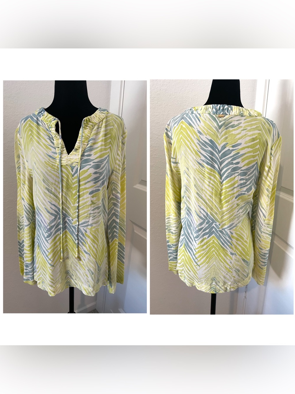 St. John Women’s Petites P Green/Blue/White Abstract Silk Tie V-Neck Blouse